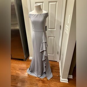 Lulus NWT Elegant Off-Shoulder Ruffle Gown in Light Purple Gray